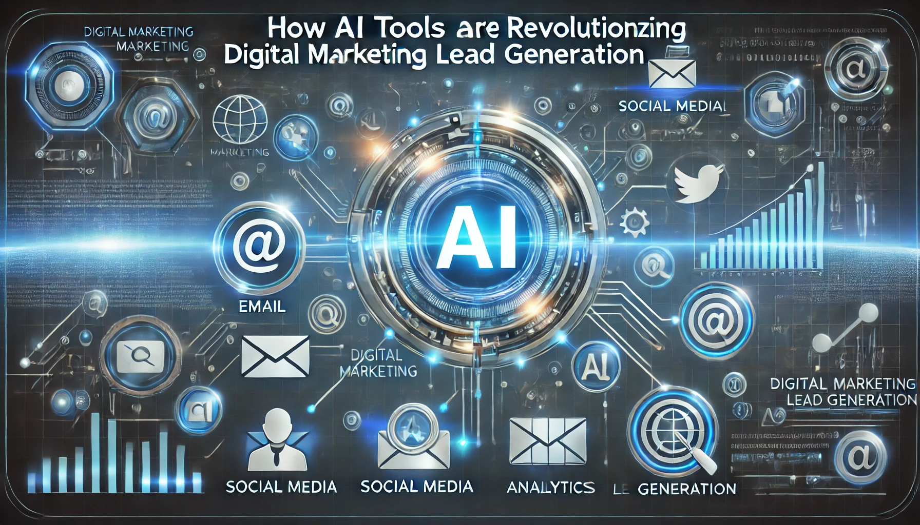 A visually engaging illustration designed for a blog titled 'How AI Tools Are Revolutionizing Digital Marketing Lead Generation